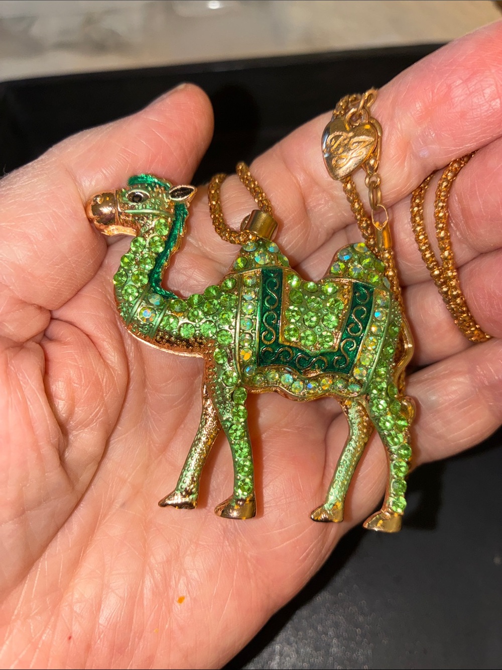 Green Crystal Accents Gold-Tone Camel Pendant